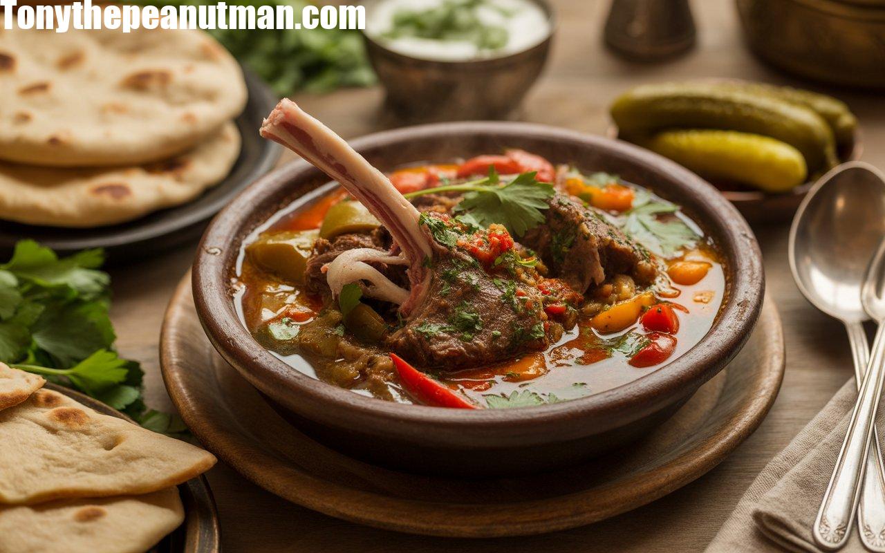 A realistic, steaming Turkish Cevurı with tender lamb, colorful vegetables, and fresh herbs served in a rustic clay pot, accompanied by flatbreads and yogurt.