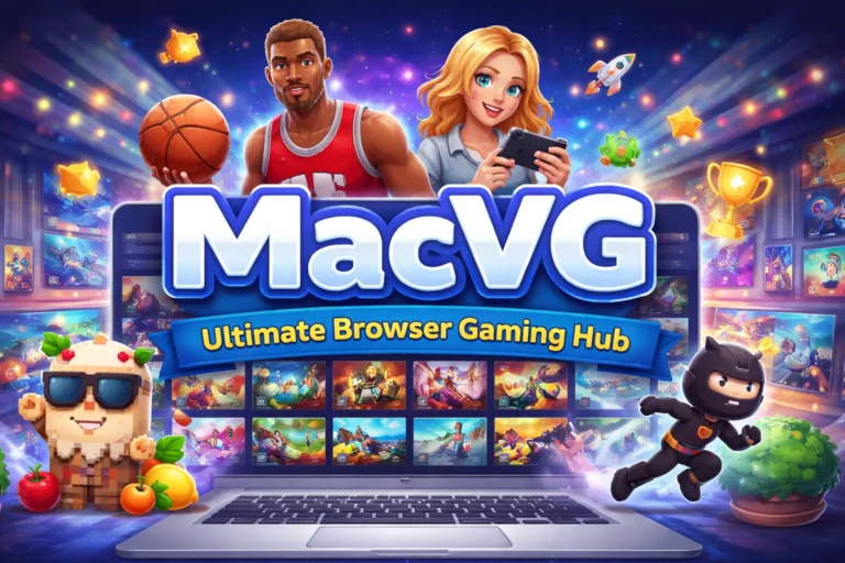 Laptop displaying a variety of colorful MacVG browser games with game icons and interactive elements, highlighting instant play and accessibility