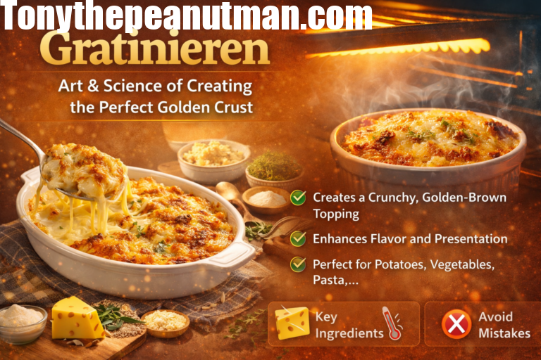 Golden-brown gratin with crispy cheese and breadcrumb topping fresh from the oven