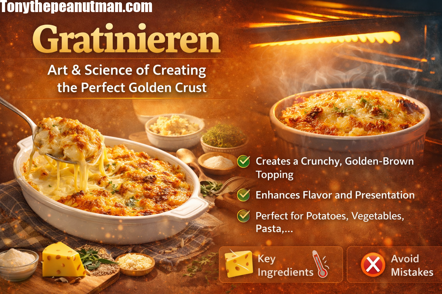 Golden-brown gratin with crispy cheese and breadcrumb topping fresh from the oven