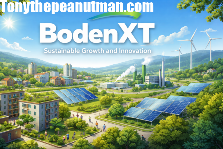 A modern view of BodenXT showing green steel industry, solar panels, wind turbines, residential neighborhoods, and smart city infrastructure