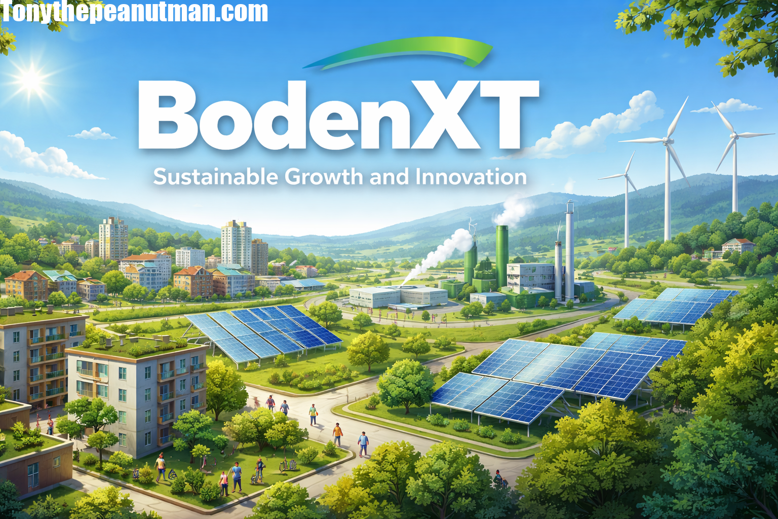 A modern view of BodenXT showing green steel industry, solar panels, wind turbines, residential neighborhoods, and smart city infrastructure